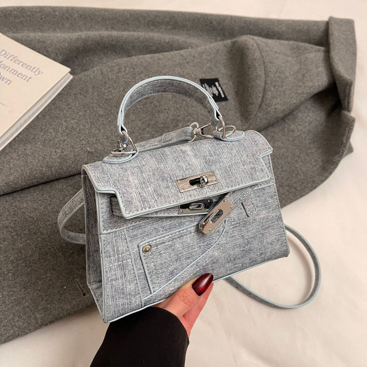 Premium Splicing Kelly Bag Women's Lock Denim Shoulder Bag