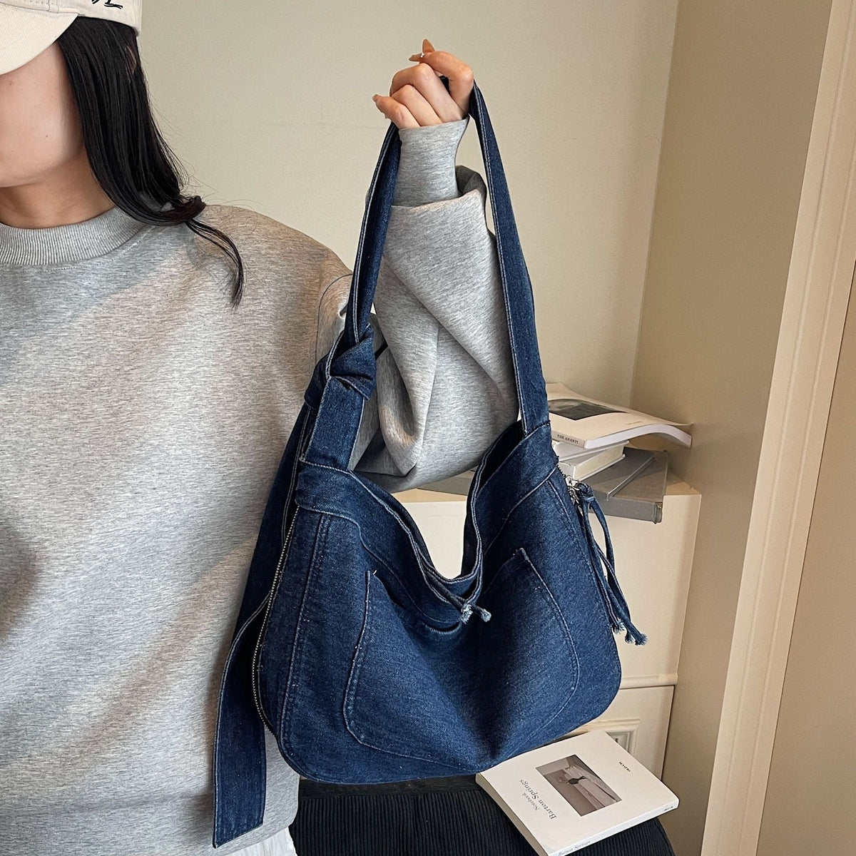 Splicing Contrast Shoulder Bag Denim Messenger Large Capacity Pillow Bag