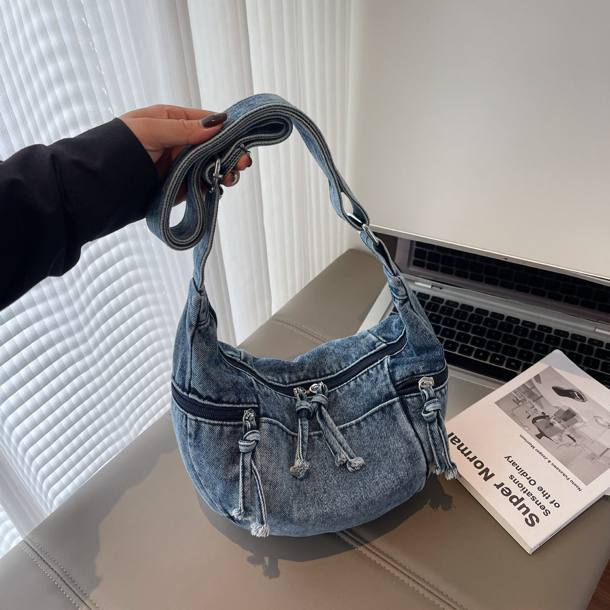 Dongdaemun Denim Messenger Bag Large Capacity Casual Pleated One-Shoulder