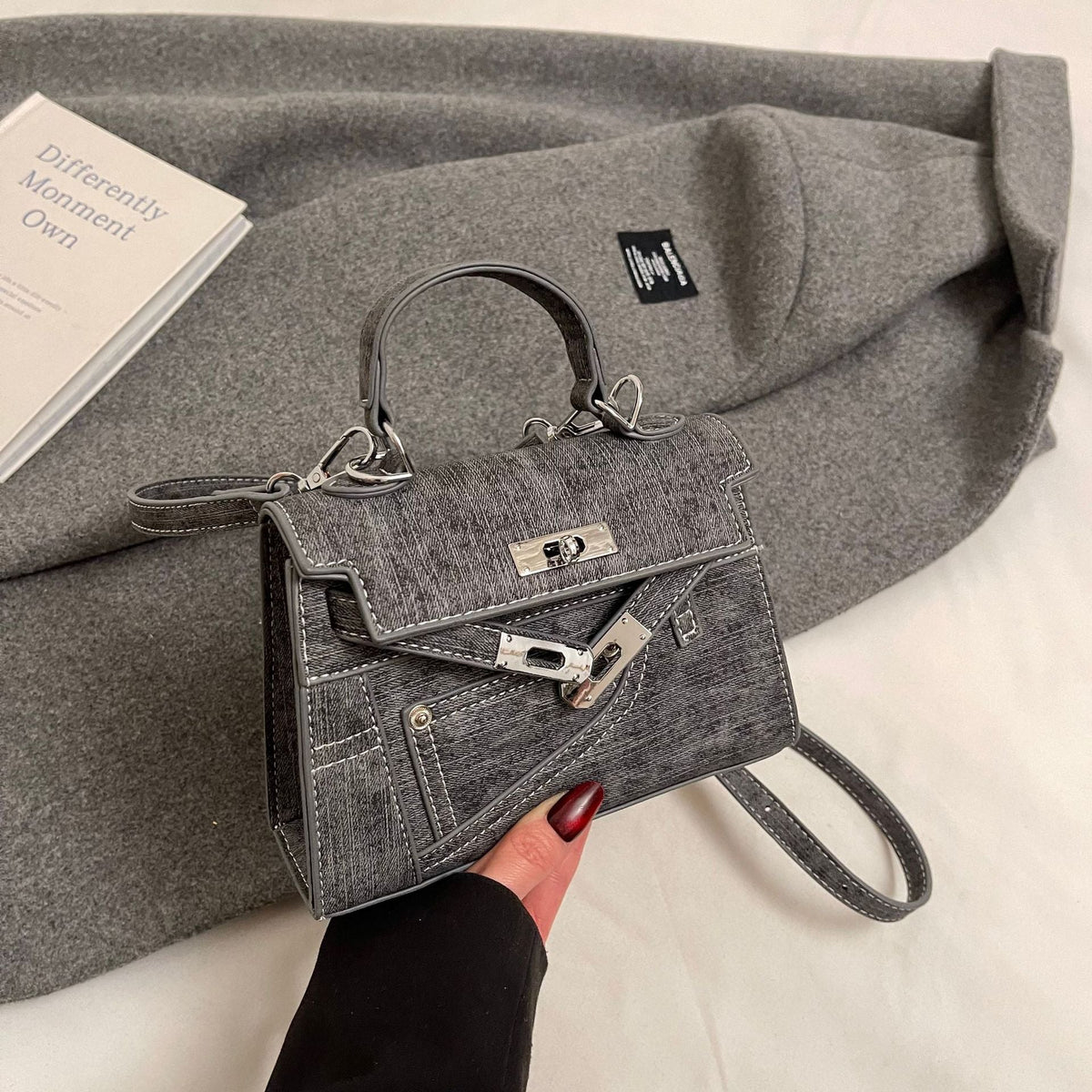 Premium Splicing Kelly Bag Women's Lock Denim Shoulder Bag
