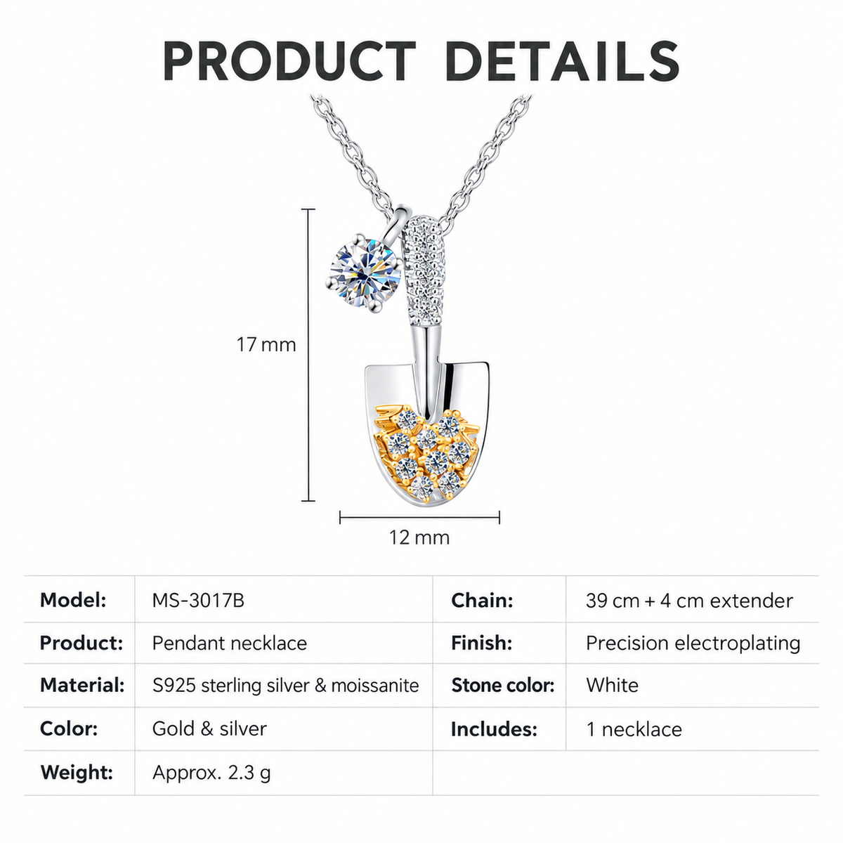 Shovel 0.3CT Moissanite Pendant Necklace