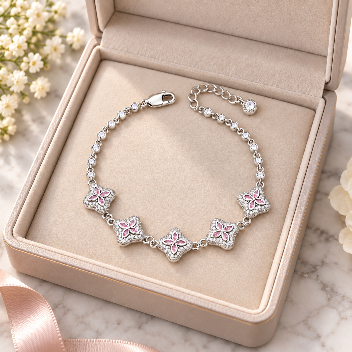 The Elodie Pink Clover Zircon Bracelet
