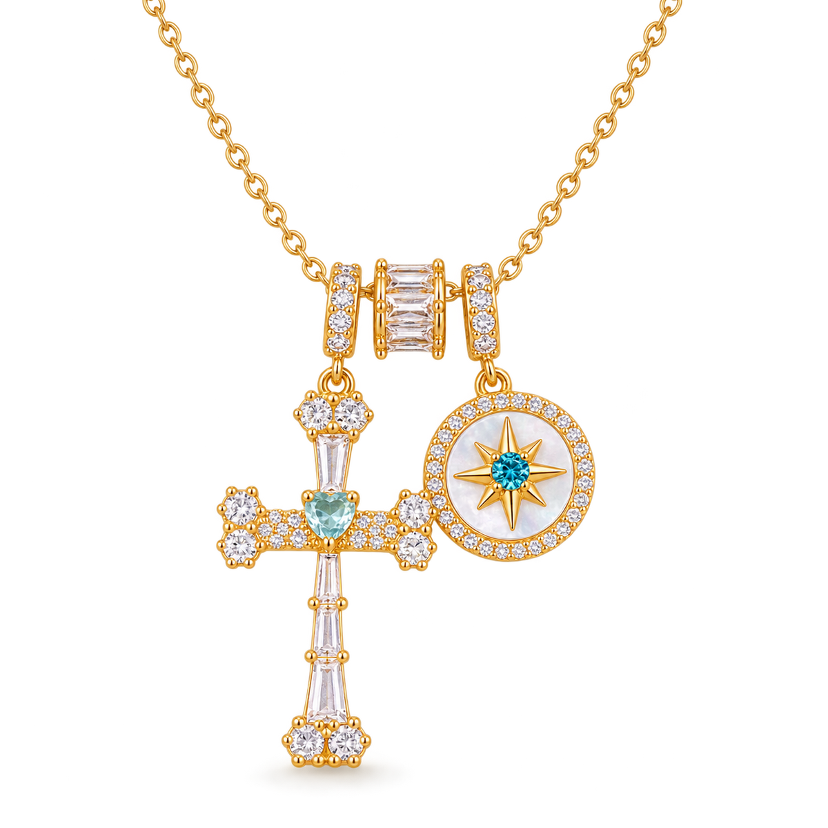 18K Real Gold Plated Zirconia Cross Necklace Blue