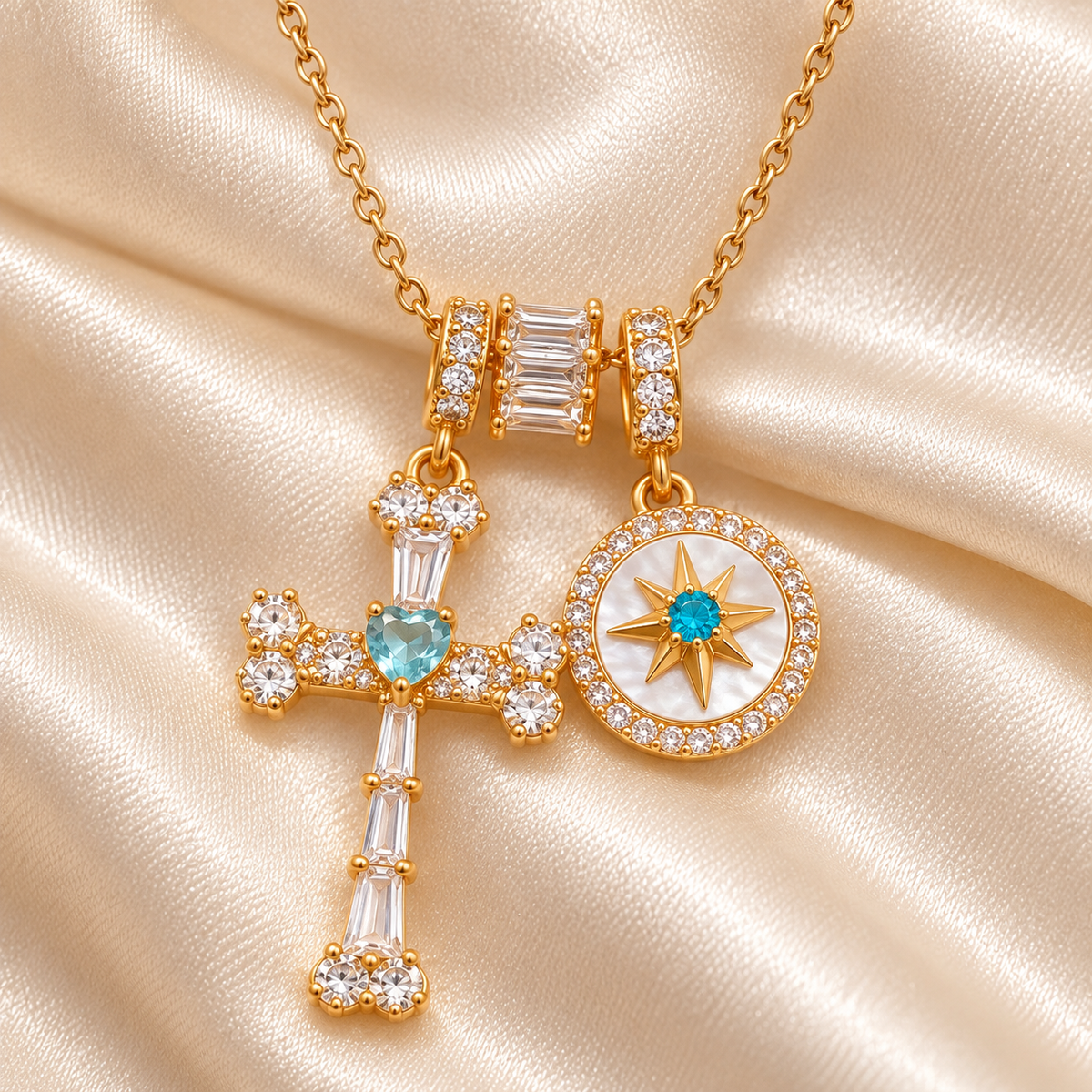 18K Real Gold Plated Zirconia Cross Necklace Blue