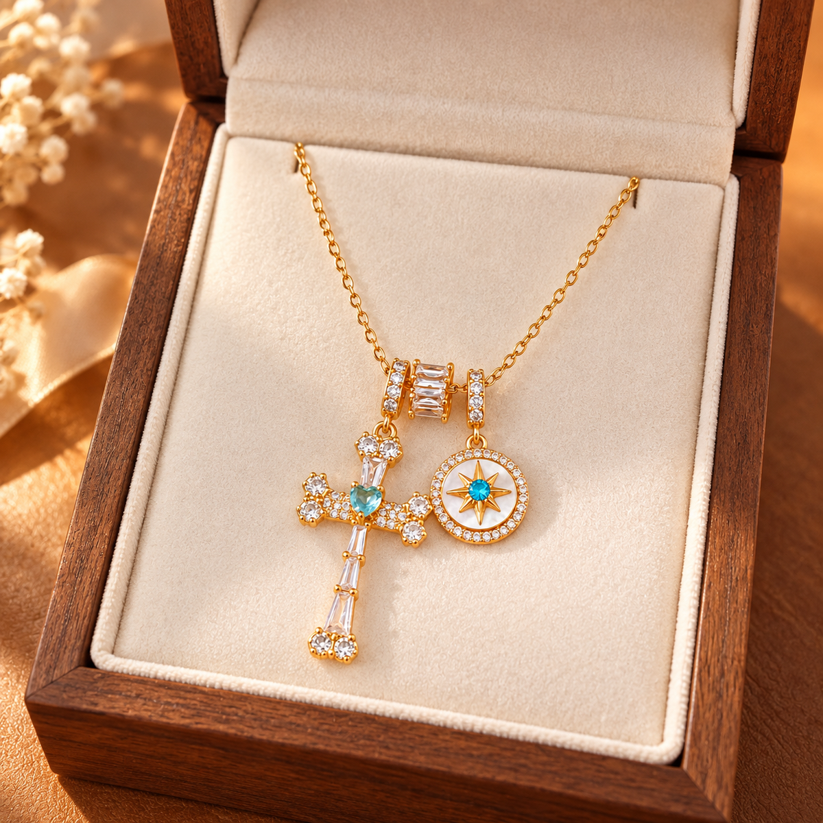 18K Real Gold Plated Zirconia Cross Necklace Blue