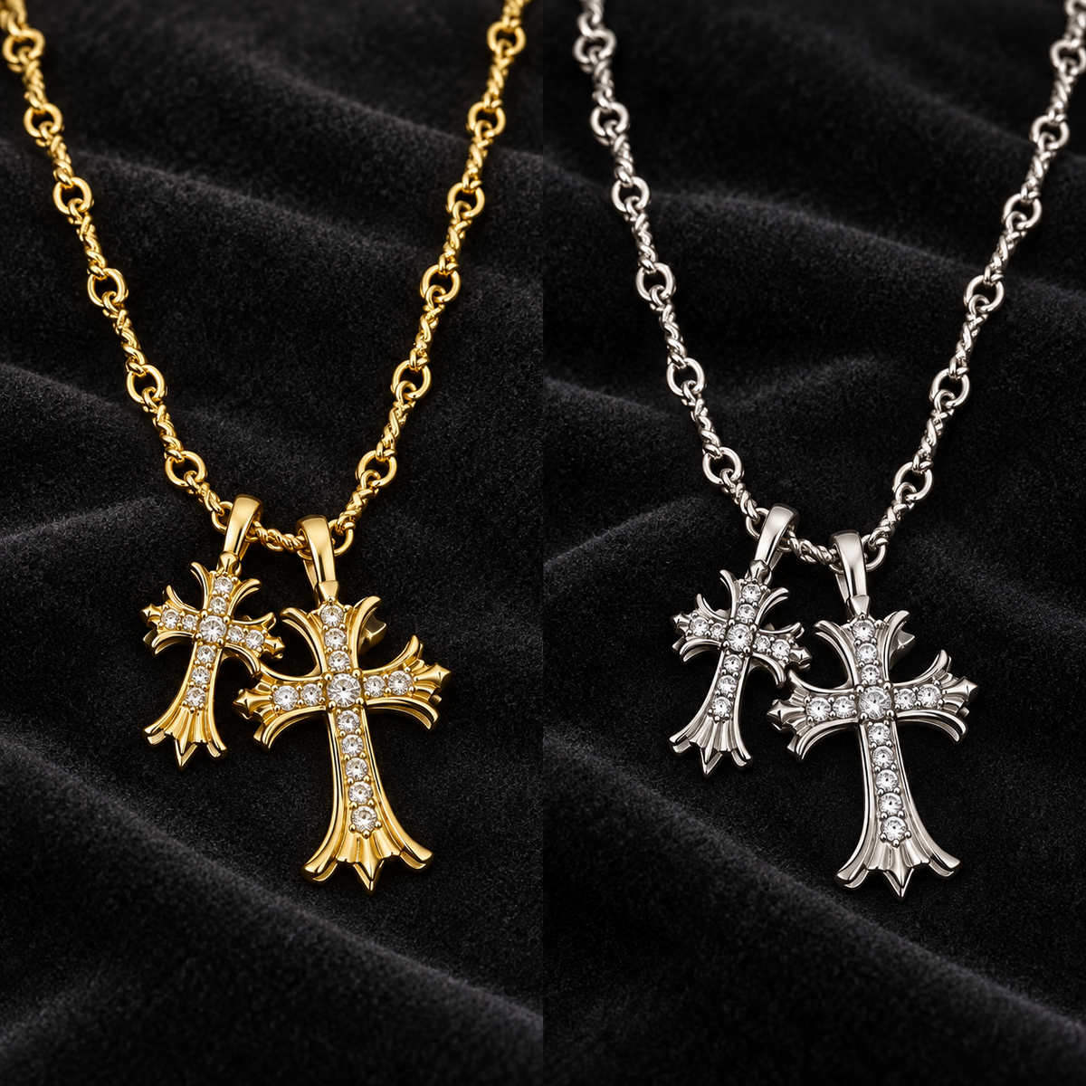 Gothic Pavé Double Cross Necklace Gold Plated