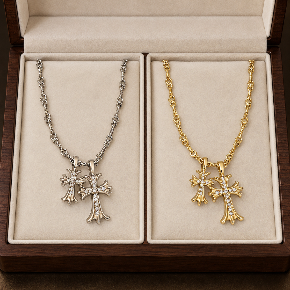 Gothic Pavé Double Cross Necklace Gold Plated