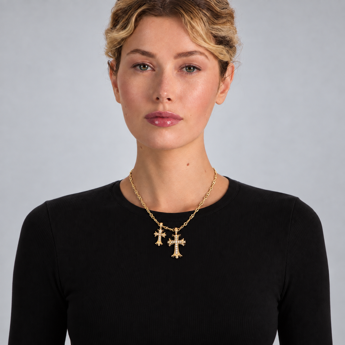 Gothic Pavé Double Cross Necklace Gold Plated