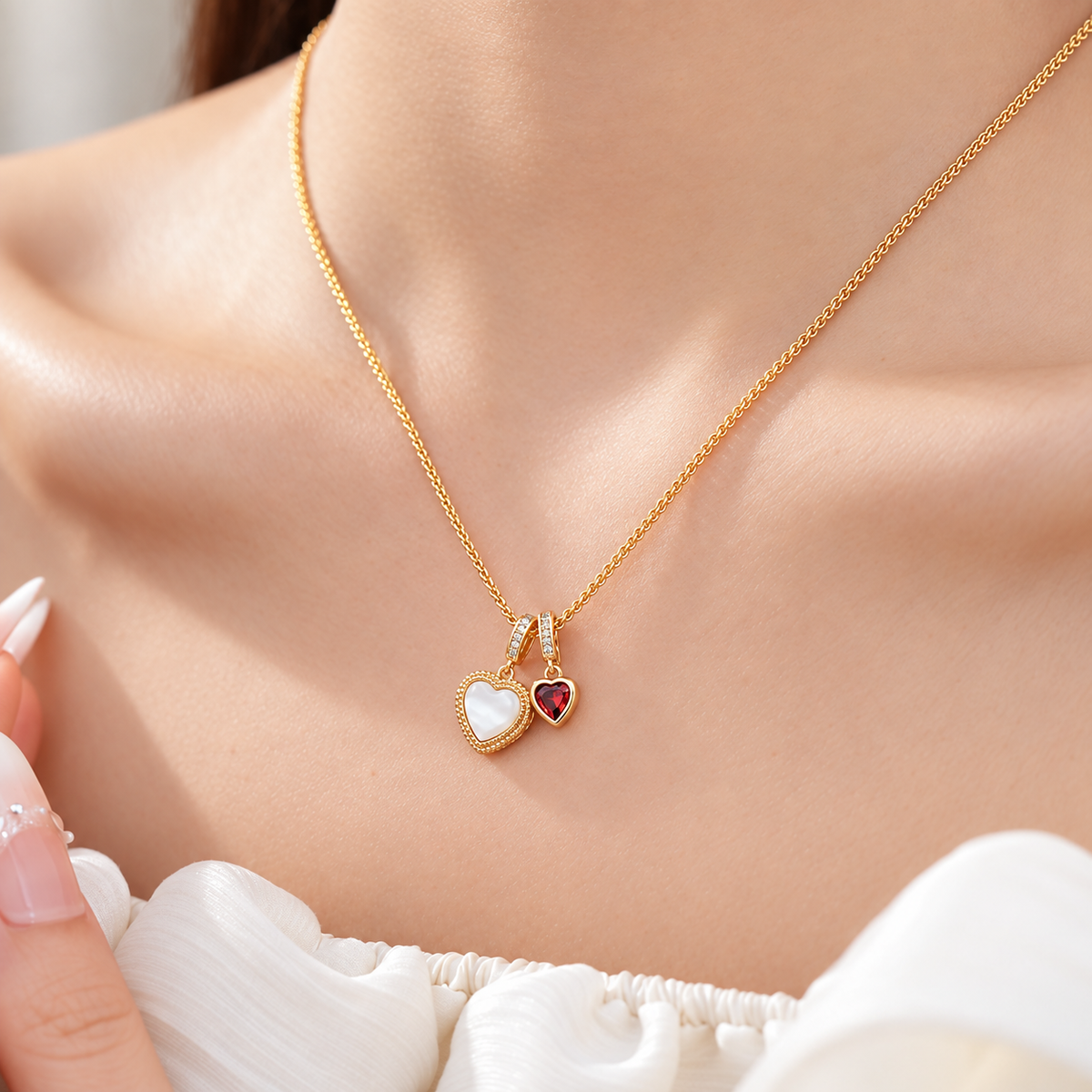18K Real Gold Plated Ruby Double Heart Necklace