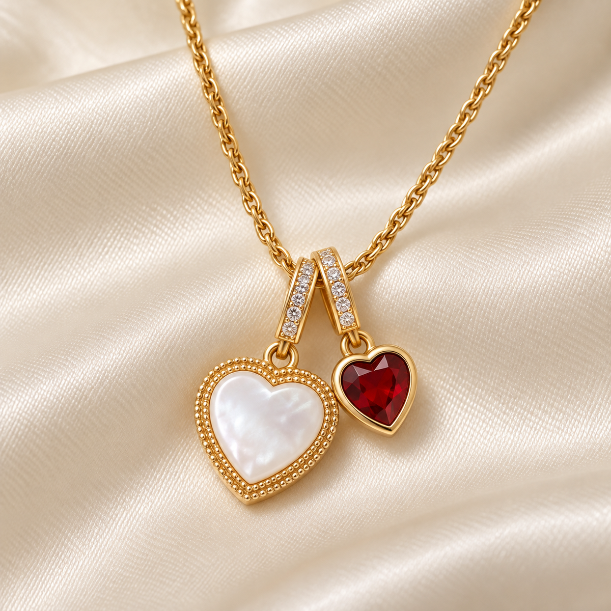 18K Real Gold Plated Ruby Double Heart Necklace