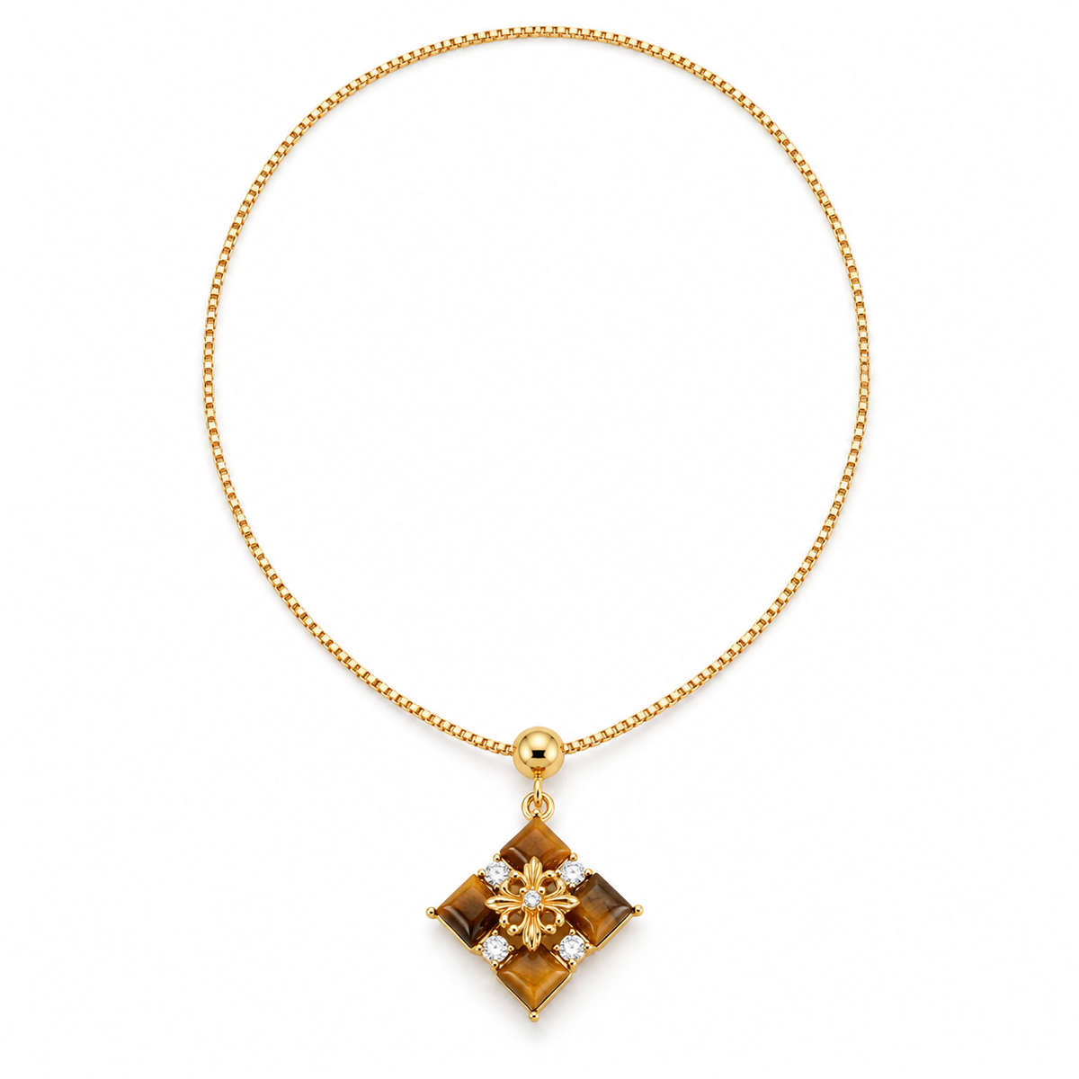 Tiger Eye Floral Pendant Necklace in 18K Gold Tone