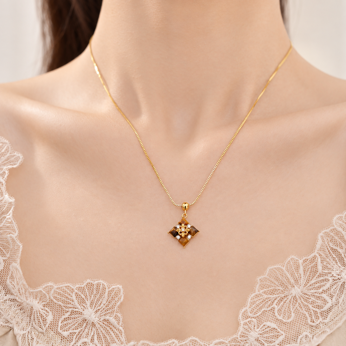 Tiger Eye Floral Pendant Necklace in 18K Gold Tone