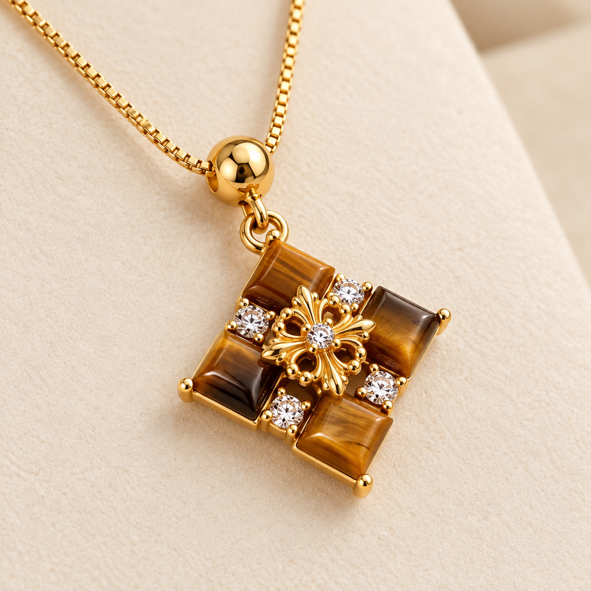 Tiger Eye Floral Pendant Necklace in 18K Gold Tone
