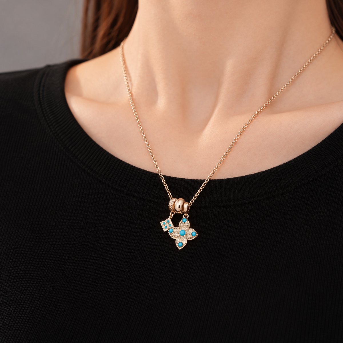 Turquoise Filigree Flower Charm Necklace