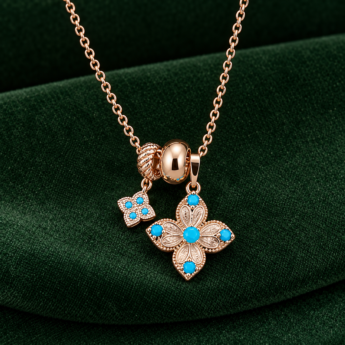 Turquoise Filigree Flower Charm Necklace